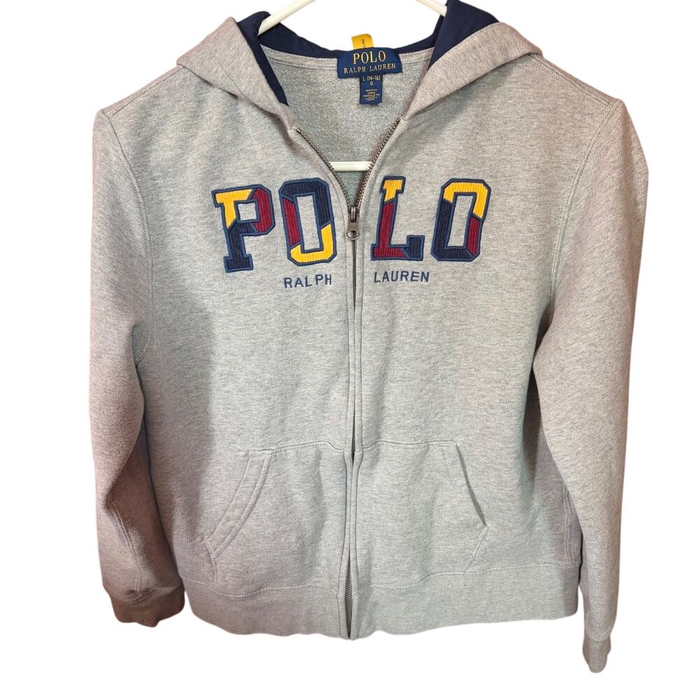 POLO RALPH LAUREN boy gray full zip hoodie jacket Sz L 14-16 preppy outdoors